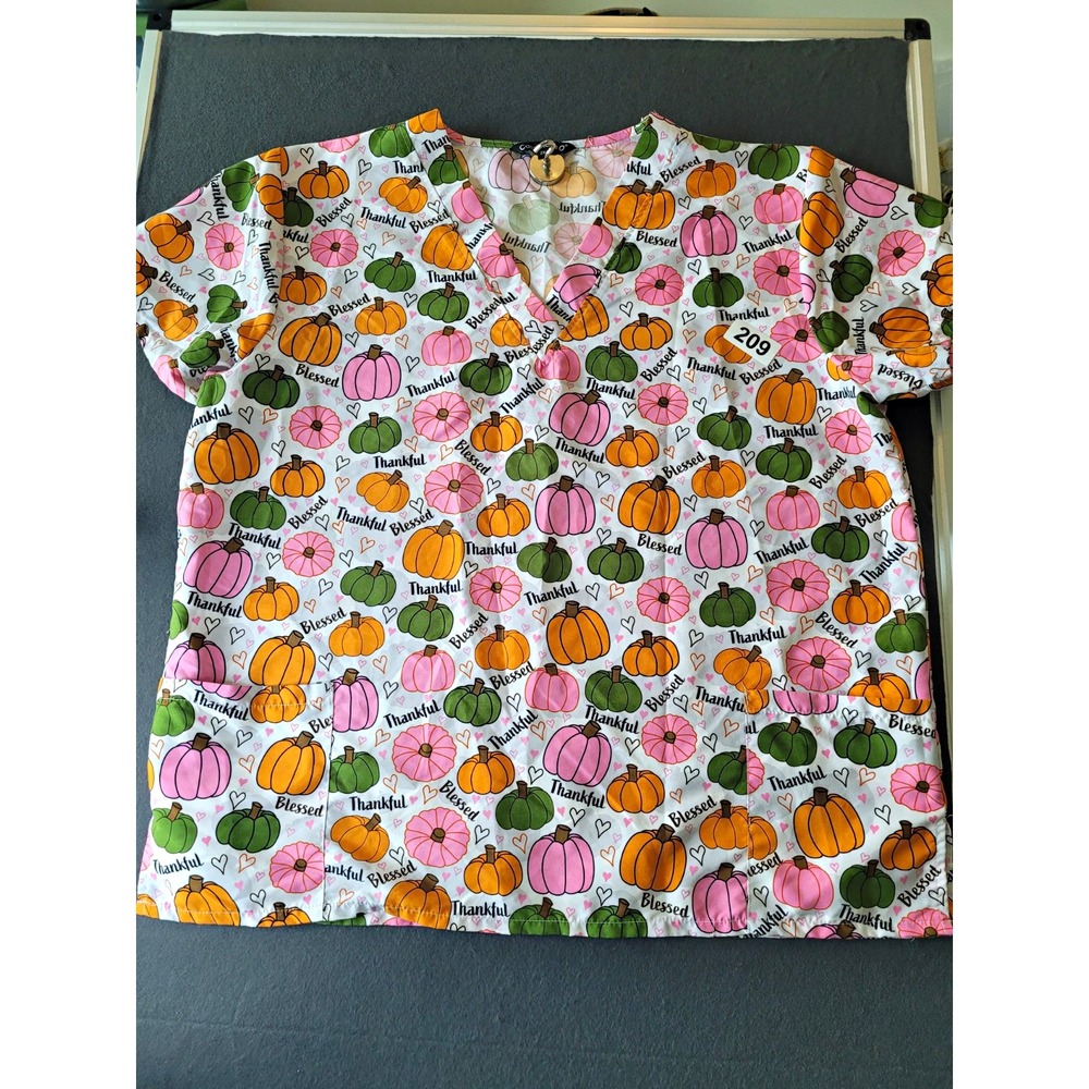 Cassandra O Women's Scrub Top Pumpkin Print Button Accent 2XL